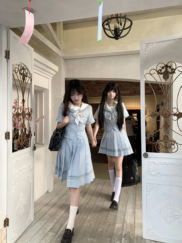 

Lulucake Blue Summer ort Sve Waist-Cinching Japanese Sle School orm Set Women's Faionable Two-Piece Suit