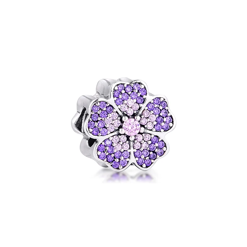 Primrose Pave  Charm 925 Sterling Silver With Purple and Pink Zircon Beads Fit for Pandora Moment Bracelets Diy Gift FL165