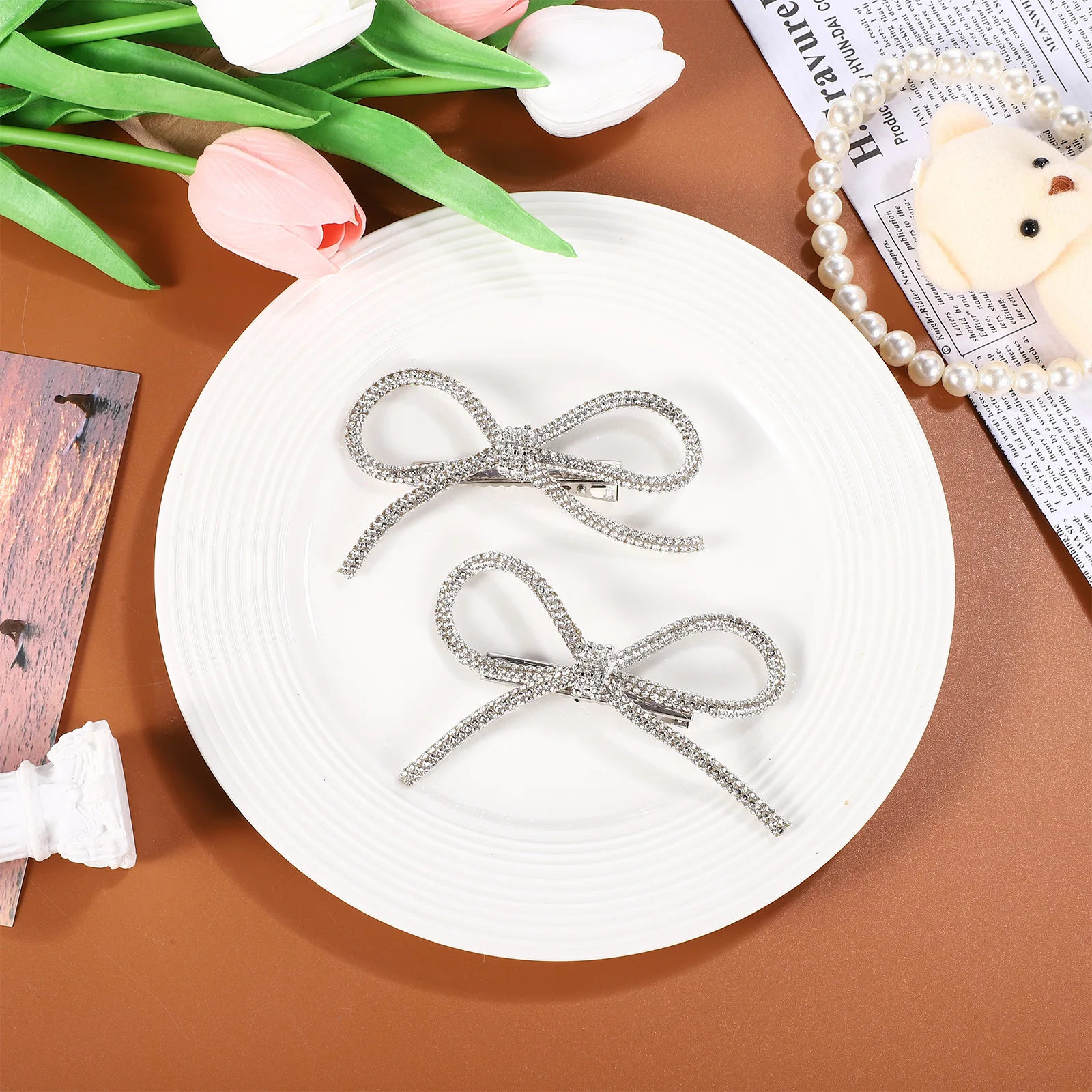 

4 Pcs Rhinestone Bow Hair Clips Lightweight Comfortable Long Lasting Wedding Party Prom Hair Accessories Silver