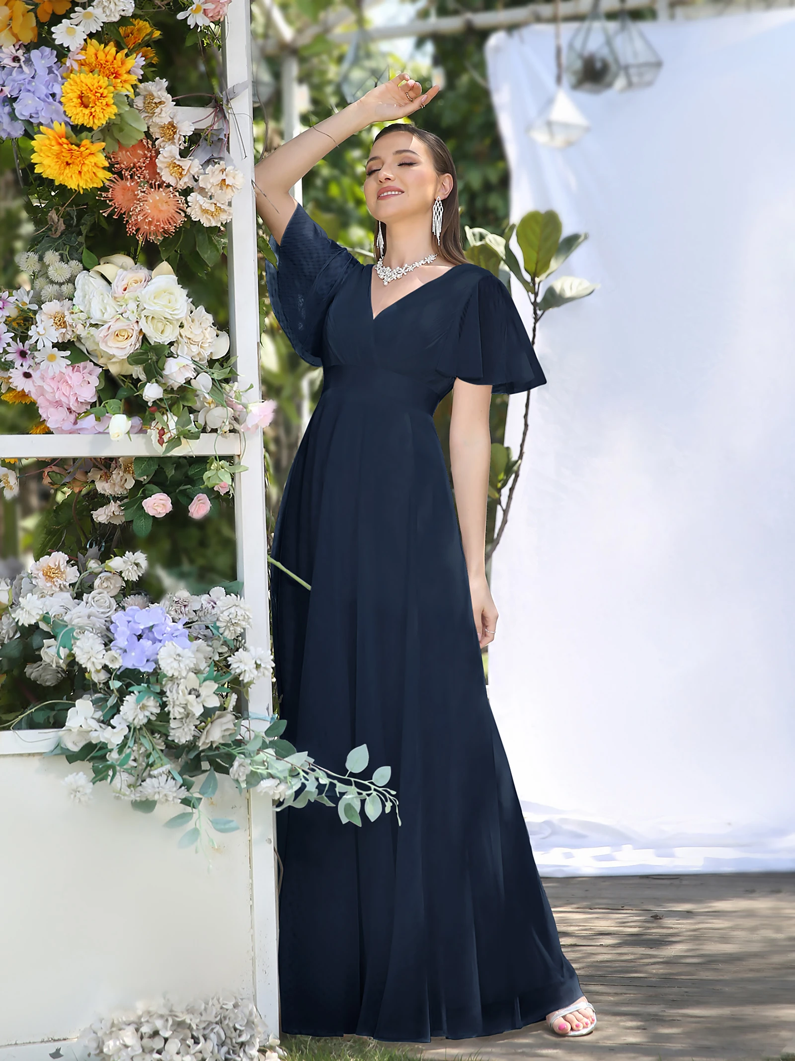 Eleganti abiti da sera impero con volant in tulle maniche corte scollo a V abiti da ballo senza schienale abito da sposa da sposa a-line fino al pavimento