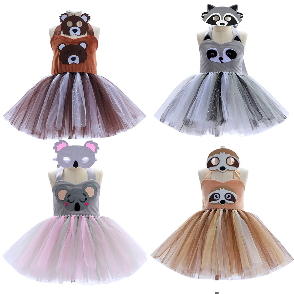 

Summer Girl Cute TT Dress Brown Bear Animal Mesh Dress Girl Children's Day Performance Costume Halloween Koala Bear Costume