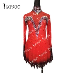 Figure Skating Dress Child Women Girls Handmade Jeweled Rhinestone Long Sleeve Red Professional Competition Ice Skating Wear