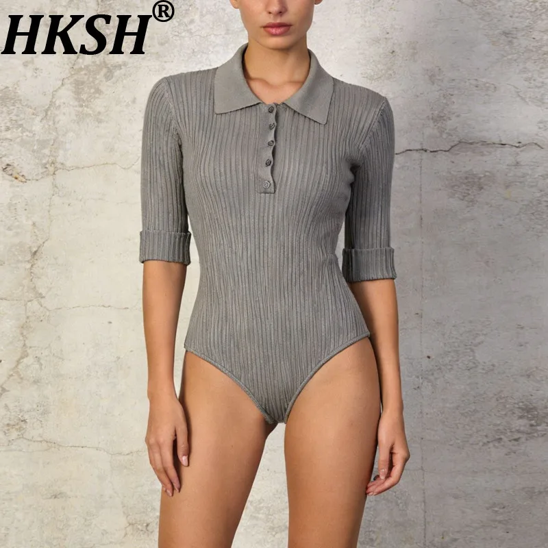 

HKSH Women Sweater Jumpsuit Turn-down Collar Solid Color Elegant Slim Fit Half Sleeves Trend Knitted Top New Spring 2026 HK19362