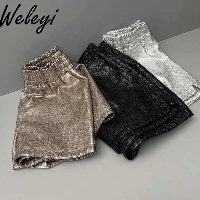 Metal Luster Shiny Leather Wide Leg Shorts Women's Autumn and Winter Versatile High Waist Loose Casual Outer Leather Boot Pants