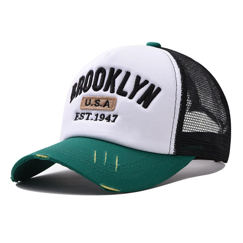 قبعة بيسبول مطرزة من بروكلين - قبعة شبكية قطنية للرجال، قبعة شمس عصرية مرقعة قابلة للتعديل، قبعة شمس عصرية للاستخدام الخارجي
