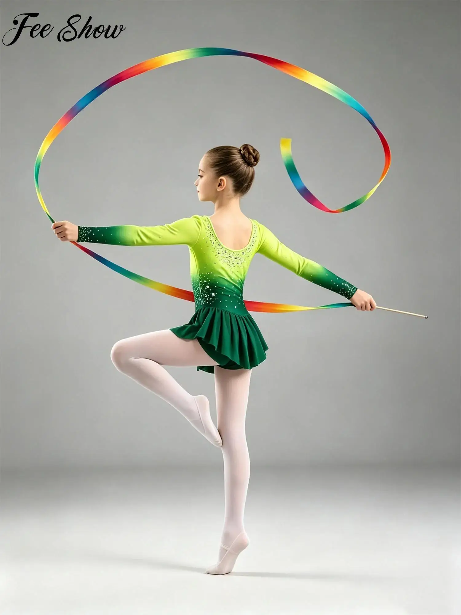 Vestido de Ballet para Niñas, Traje de Gimnasia Rítmica, Manga Larga, con Pedrería, Color Degradado, Leotardo con Peplum