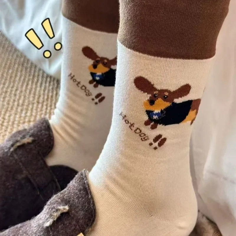 

1/4pairs Sausage Dog Socks Mid Calf Cartoon Animal Socks for Women Brown Stripe Retro Trendy Cute Pet Lover Casual Stockings