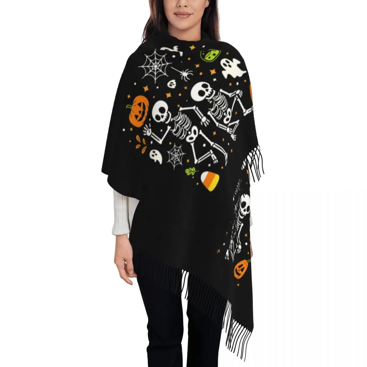 

Скелеты на Хэллоуин на заказ, призраки, тыквы, пауки, паутина, шарф с кисточками, женский зимний осенний теплый шаль, женские шарфы