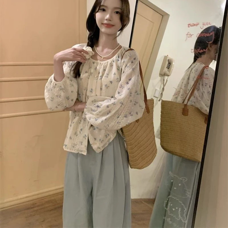 Floral Shirts and Blouses Korea Autumn Fashion Woman Blouse 2024 Button Puff Long Sleeve Top Female Loose Ladies Clothes New In