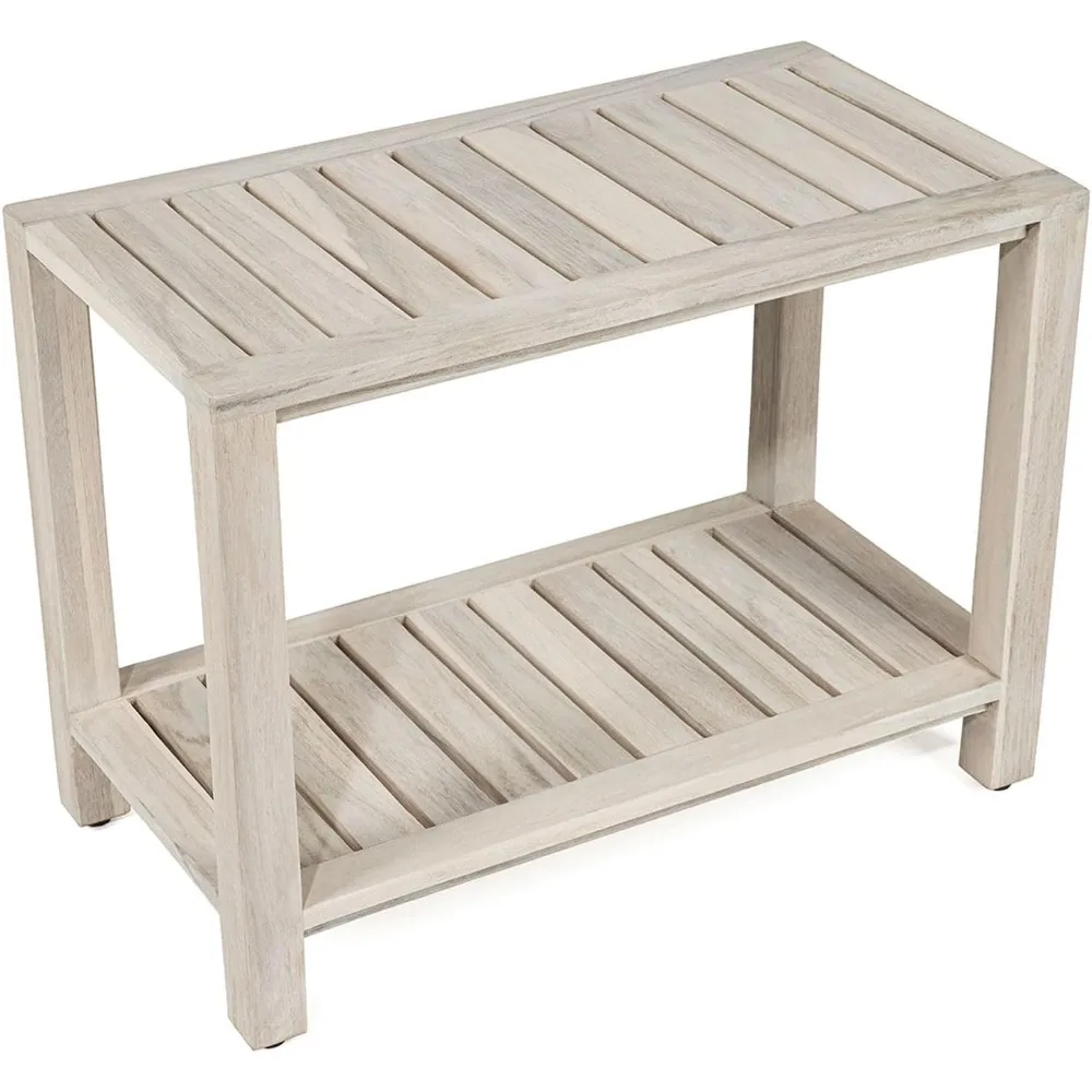 Teak Shower Bench with Shelf 24 Inch for Bathroom, Spa - Fully Assembled, Shower Stool, Rustic Gray Finish, Bathroom Stool