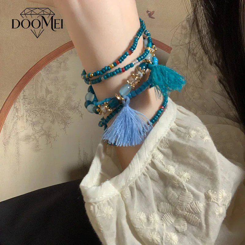 DOO MEI 6 Pcs Bohemian Multi Layer Seed Bead Bracelet for Women Stackable Wrist Jewelry Beach Vacation Statement Accessory
