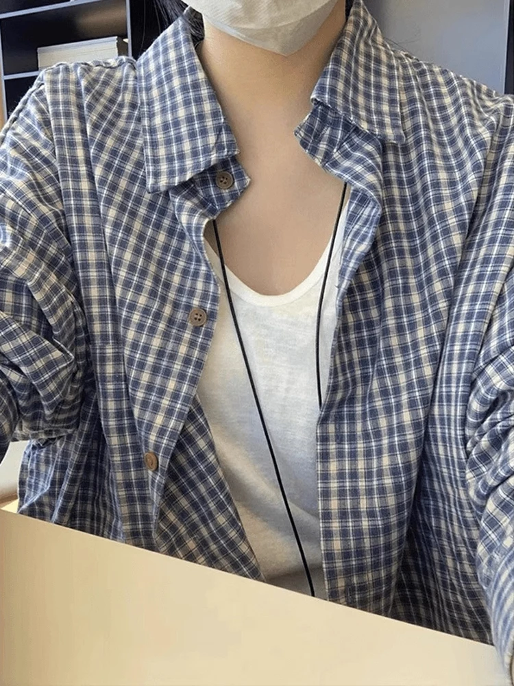 루즈핏 체크무늬 긴팔 남성 셔츠 한국 스타일 캐주얼 가벼운 가을 아우터 커플용 청년 인기 일상복