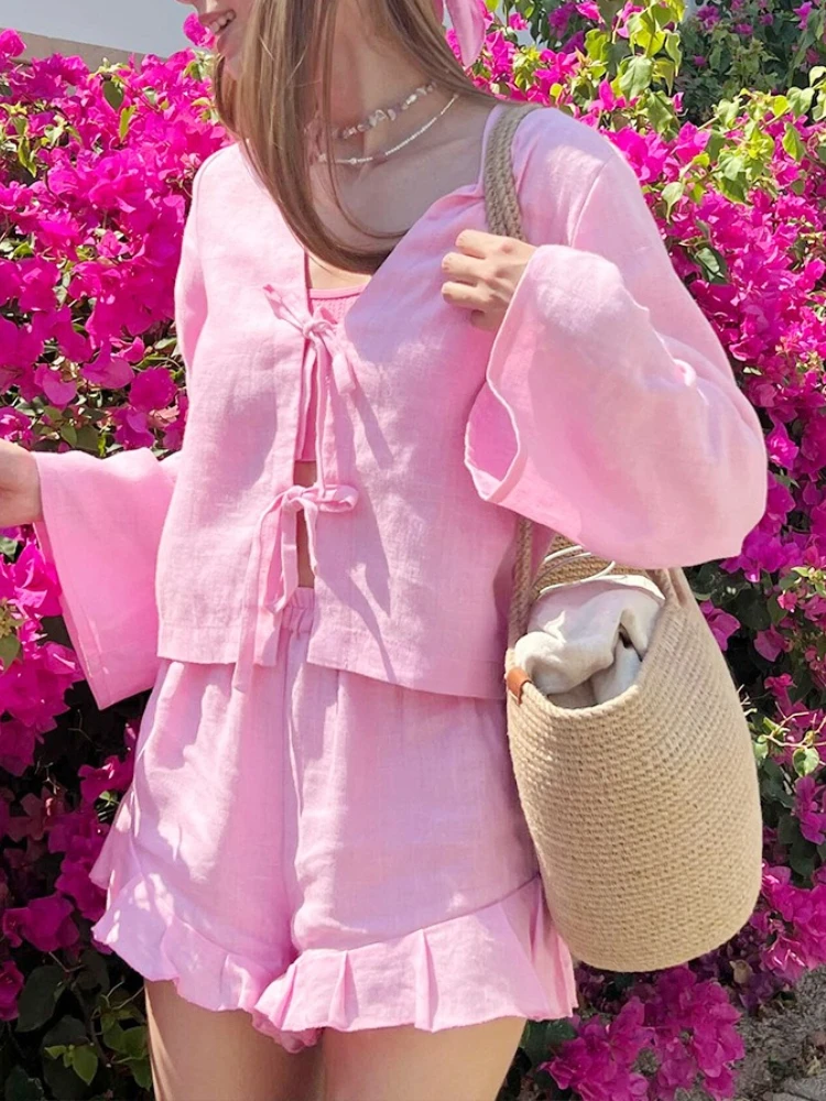 

Summer Snew Lace Up Long Sleeves Shorts Set Womem's Solid Color Top Fashionable Loose Casual Flounce Shorts 2-Piece Set