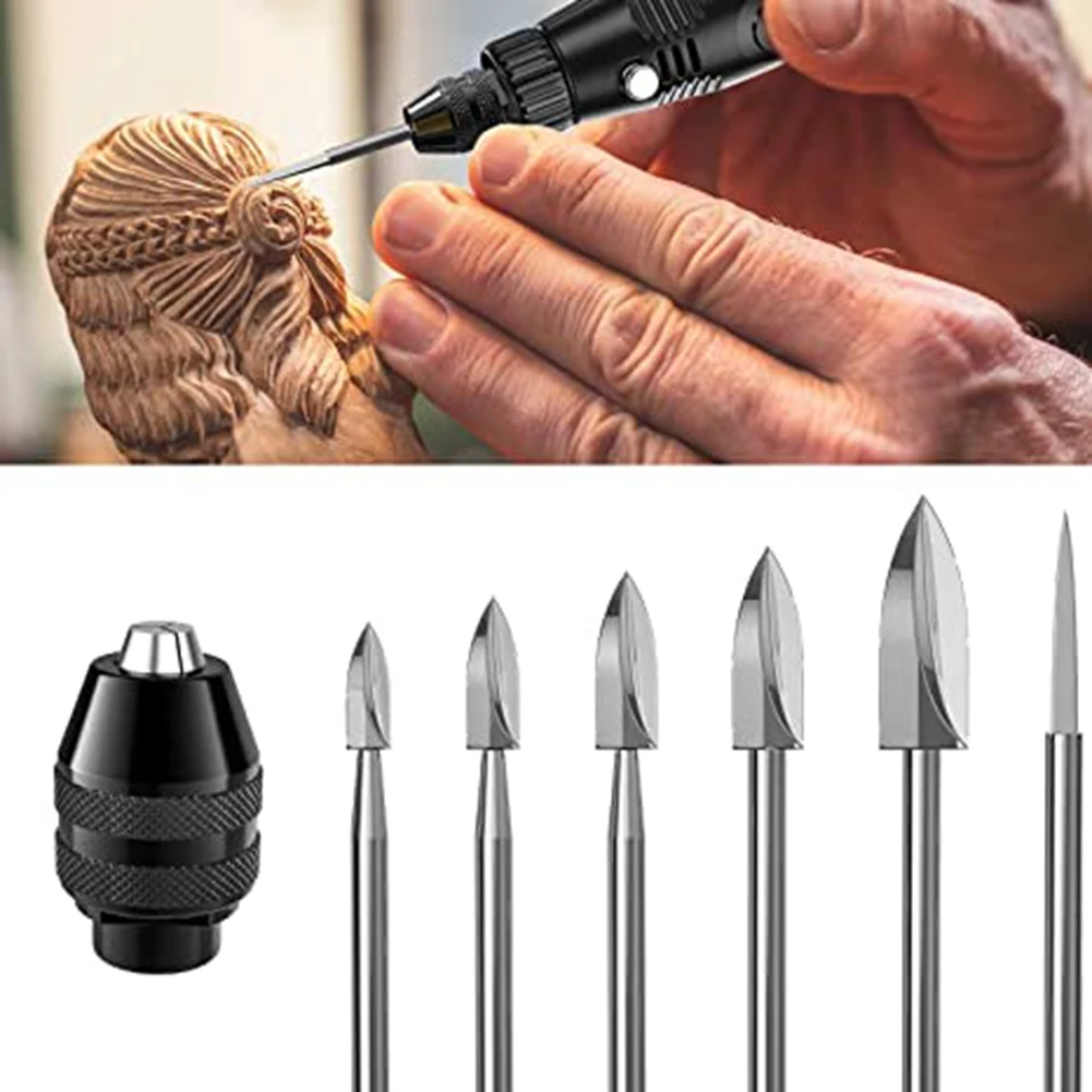 7Pc Wood Carving Tools,1/8Inch Shank HSS Engraving Drill Tool Wood Crafts Accessories with 4486 Chuck for Dremel Tool