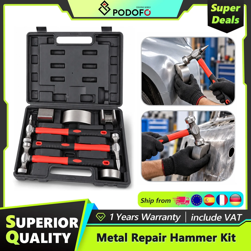 Podofo, set da 7 pezzi per la riparazione di ammaccature su carrozzeria, martello e set di strumenti in acciaio temprato di alta qualità, kit per la riparazione di lamiere di autoveicoli, manici