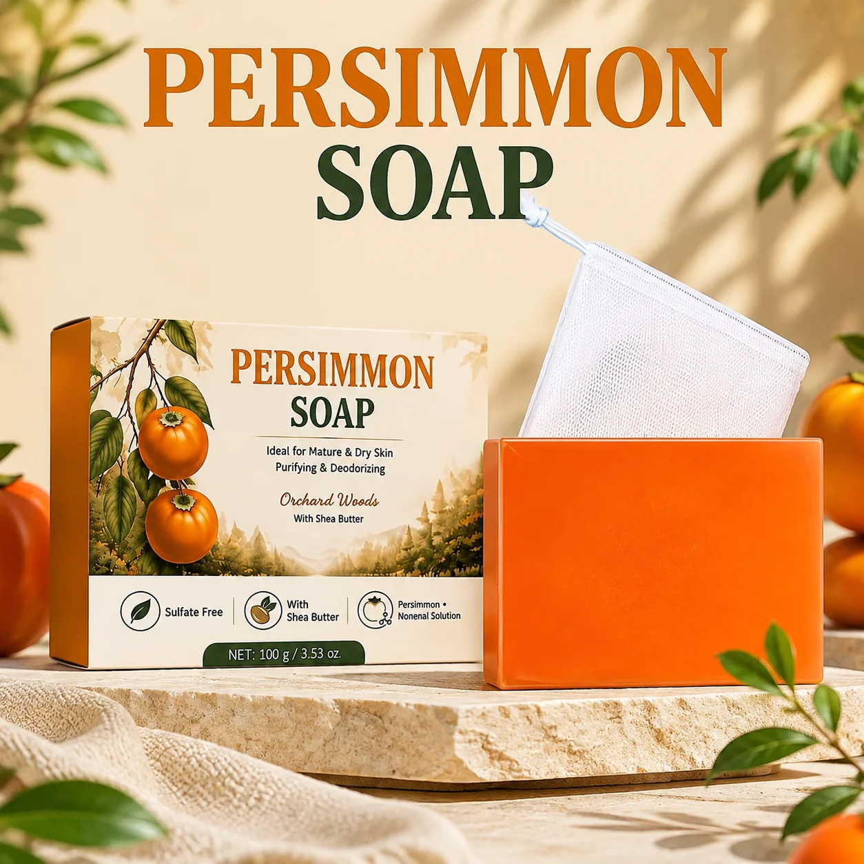 Persimmon Soap Deodorizing Body Wash Bar Natural Shea Butter Purifying Soap for Mature Dry Skin Body Care with Net 100g