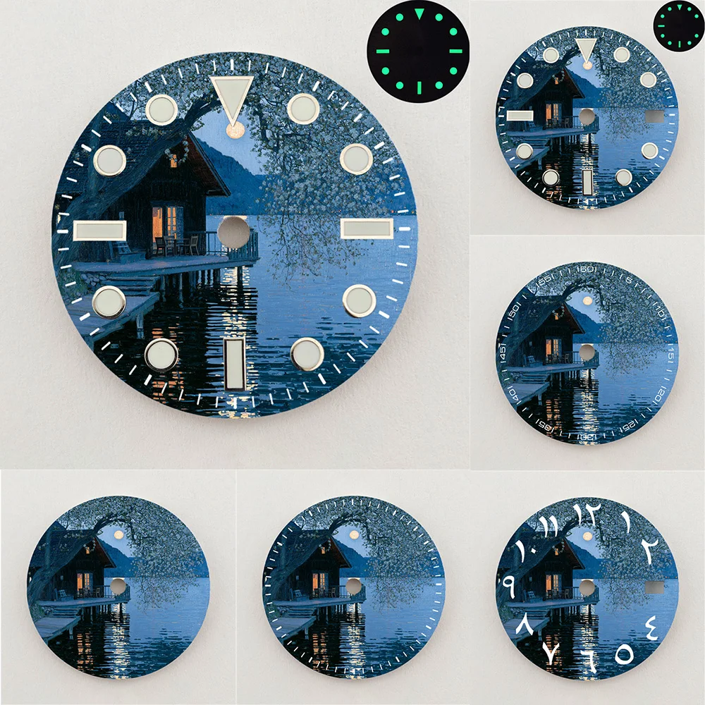 28.5mm NH35 Dial Lakeside Cabin Night Scene Dial Green Luminous Dial Color NH36 Dial Watch Accessories Fits NH35/NH36 Movements