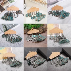 3Pairs/Set Boho Women Retro Earrings Set Ethnic Silver Alloy Turquoises Cloth Tassel Earrings Set Indian Bollywood Jewelry