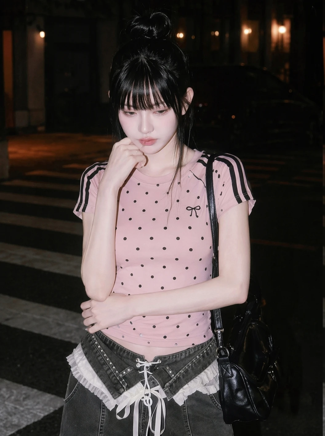 Korean Style Polka Dot Short Sleeve Slim Fit Women's T-Shirt Summer Sportswear Shoulder Width Regular round Neck Top