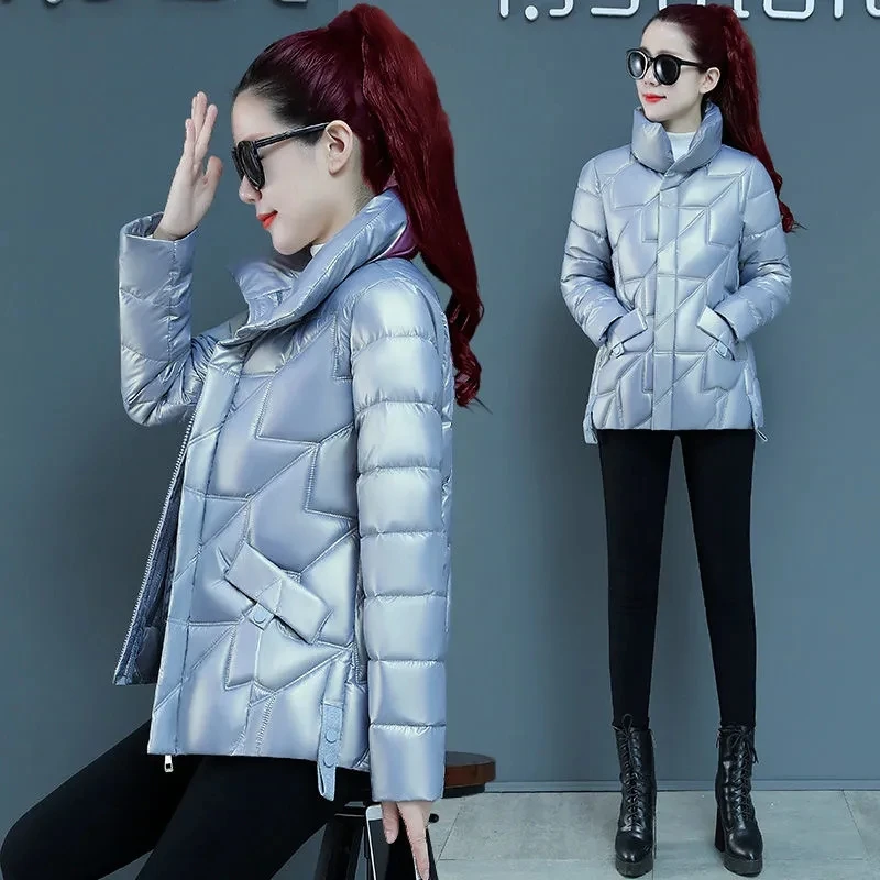 

Down Cotton Jacket Women 2022 Autumn Winter New Shiny Surface Plus Velvet Thick Short Padded Coat Fashion Loose Casual Parkas