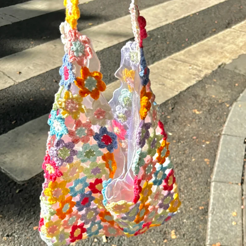 

Rainbow Floral Knitted Handmade Bag Fresh Cute Women Openwork Floral Woven Shoulder Bag Colorful Lightweight Travel Shopping Bag