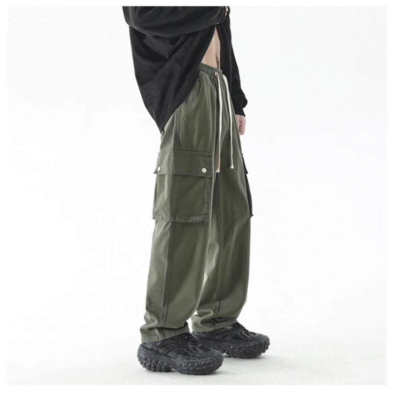 Army Green Ami Work Pants Men's Multi-Pocket Elastic Drawstring Straight Pants Korean Version Japanese