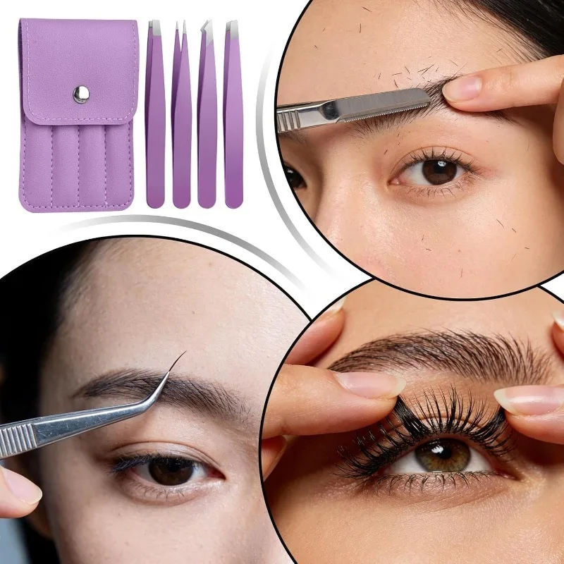 Stainless Steel Eyebrow Tweezers Kit with Storage Bag