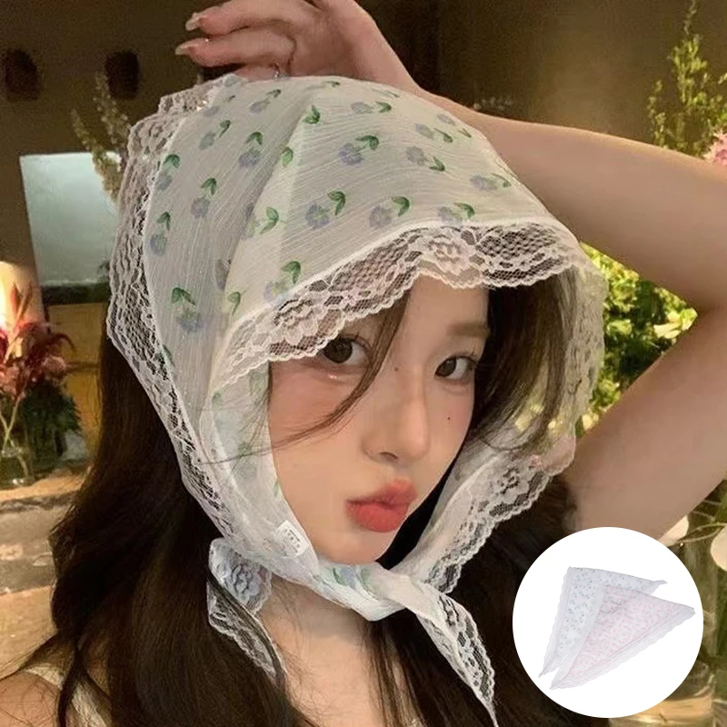 

Korean Ins Lace Hair Scarf Women Retro Triangle Hair Band Strap Hair Bag Headscarf Hat Travel Photo Headband Turban Accessorie