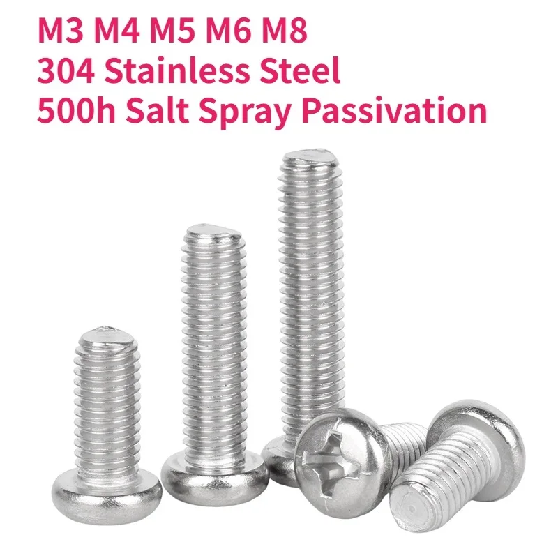 M3 M4 M5 M6 M8 304 Stainless Steel 500h Salt Spray Passivation Cross Round Phillips Pan Head Screw Bolt
