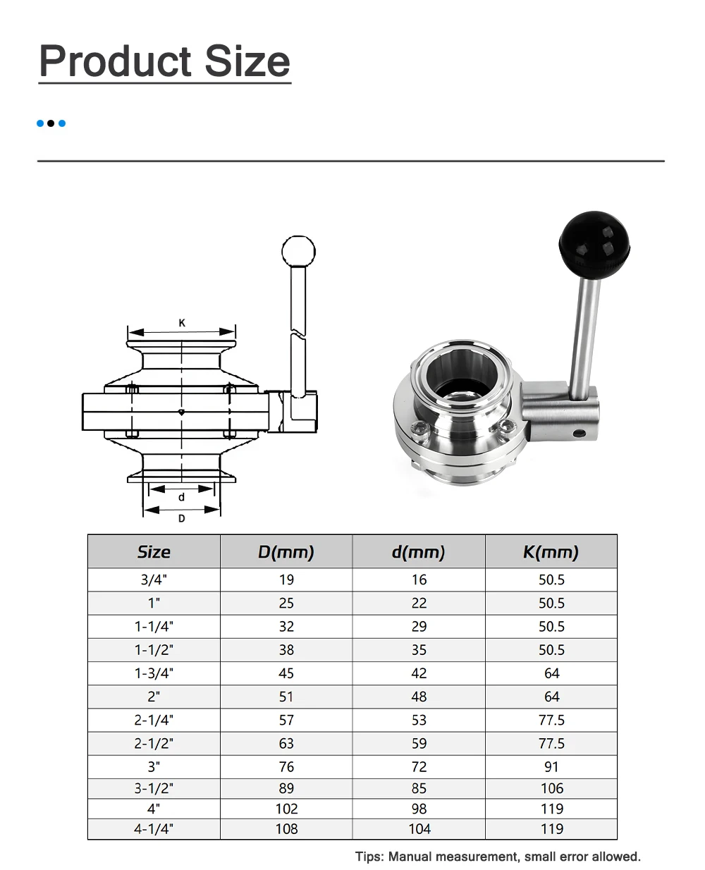 304 Stainless Steel Sanitary Tri-Clamp Butterfly Valve OD 50.5 64 77.5 91 106 119mm Food Grade Mirror Polish Leakproof for Dairy