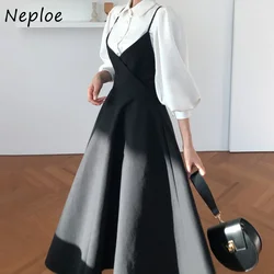 Neploe Work Style Ol Temperament 2-częściowy zestaw damski Turn Down Collar Long Sleeve Shirt + High Waist Hip A Line Camis Dress Suit