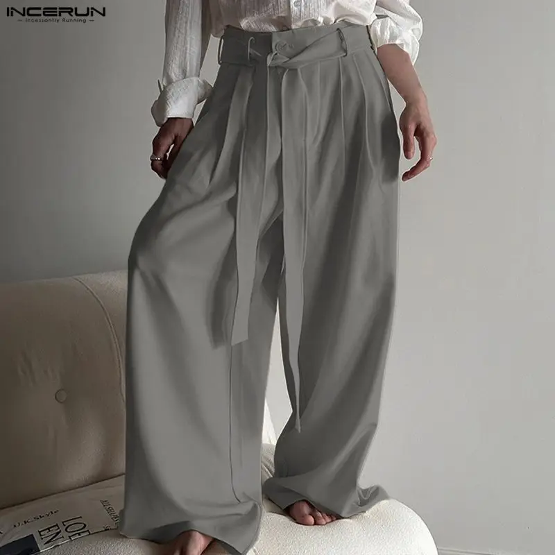 

INCERUN Men Wide Leg Pants Solid Color Button Joggers Lace Up Loose Trousers Men Streetwear Loose Fashion Casual Male Long Pants