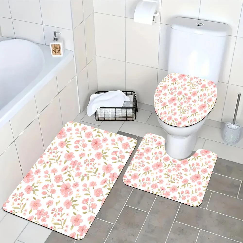 

3 PiecePink Floral Bathroom Rug Set Vintage Flower Non Slip Absorbent Bath Mat Toilet Lid CoverFloorCarpet HomeDecor Accessories