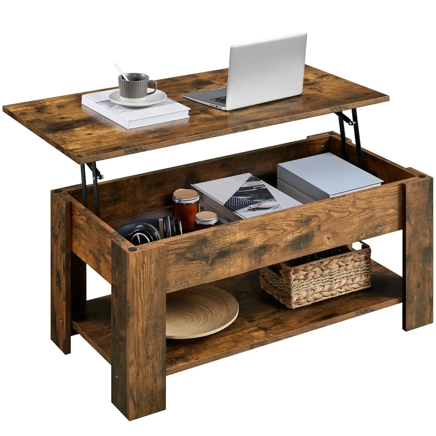 

Lift Top Coffee Table Hidden Storage Shelf Living Room Small Space 38.6in Rustic Brown, Customized