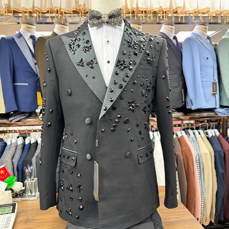 

Luxury Diamond Beaded Groom Weding Tuxedos Customized 2 Piece Set Double Breasted Suit Men Slim Fit Banquet Dinner Party Attire