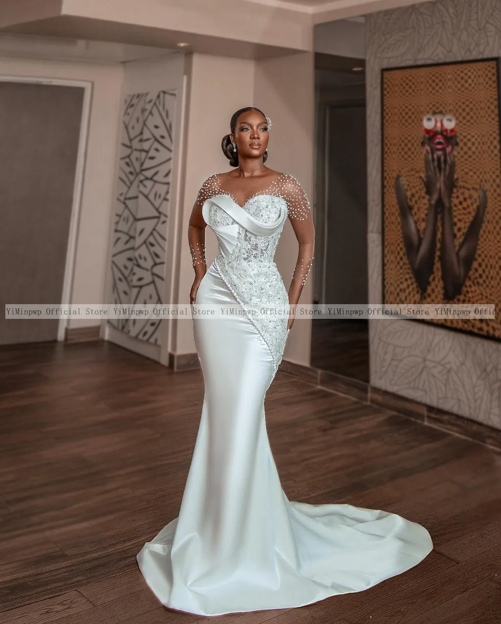 África cetim sereia vestidos de casamento para noiva o pescoço manga longa rendas miçangas plissados feminino tribunal civil vestidos de noiva personalizado