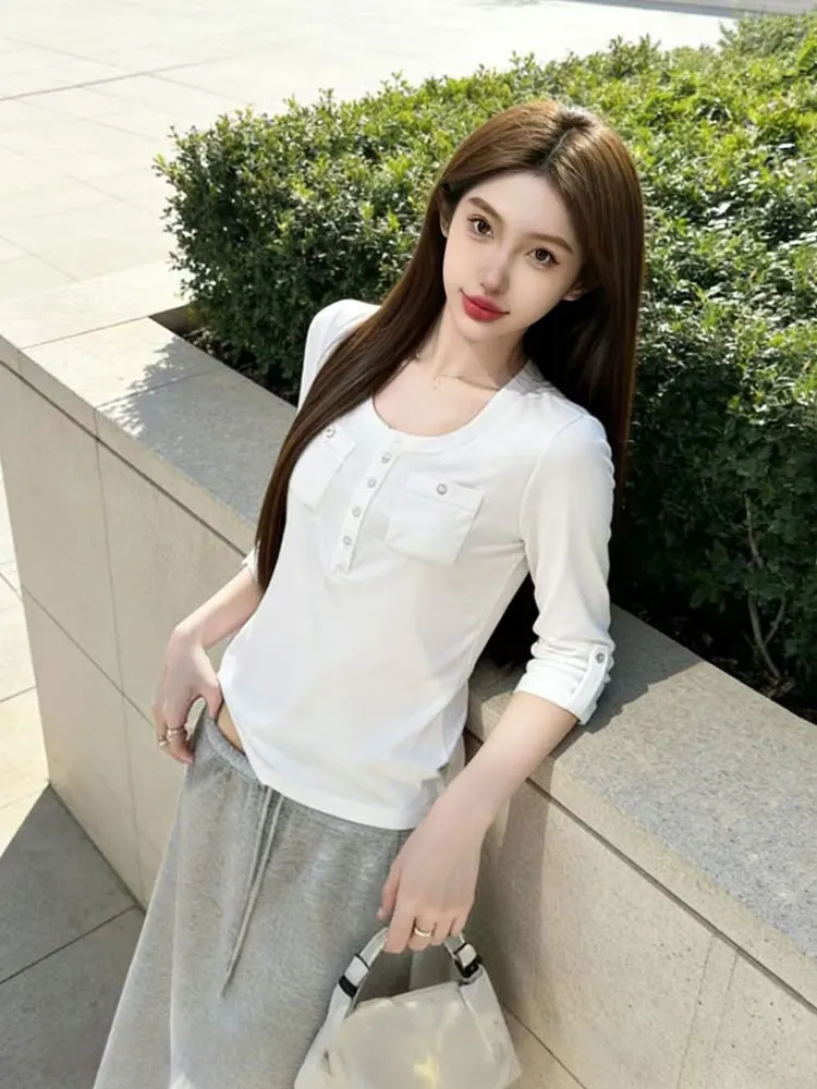 

Ele White Long Sve Women's T-irt Loose Fit Inner Wear Base irt Spring Casual Sle Universal Stand Pure Color