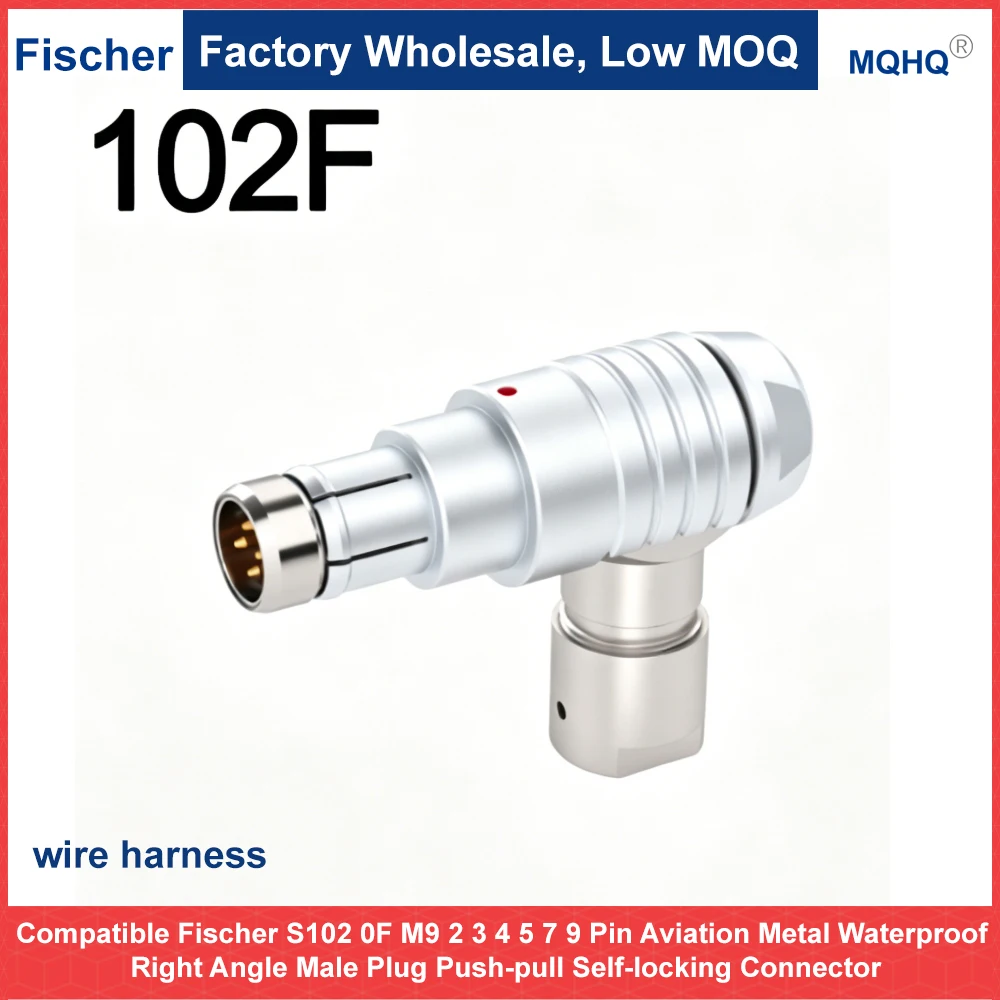 Compatible Fischer S102 0F M9 Connector Right Angle Elbow Male Plug 2 3 4 5 7 9 Pin Waterproof IP68 Push-Pull Self-Locking Metal