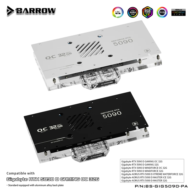 

Barrow BS-GIG5090-PA, GPU Water Block for Gigabyte RTX5090 Windforce Graphics Card Cooler 5V ARGB, Black or White Backplate