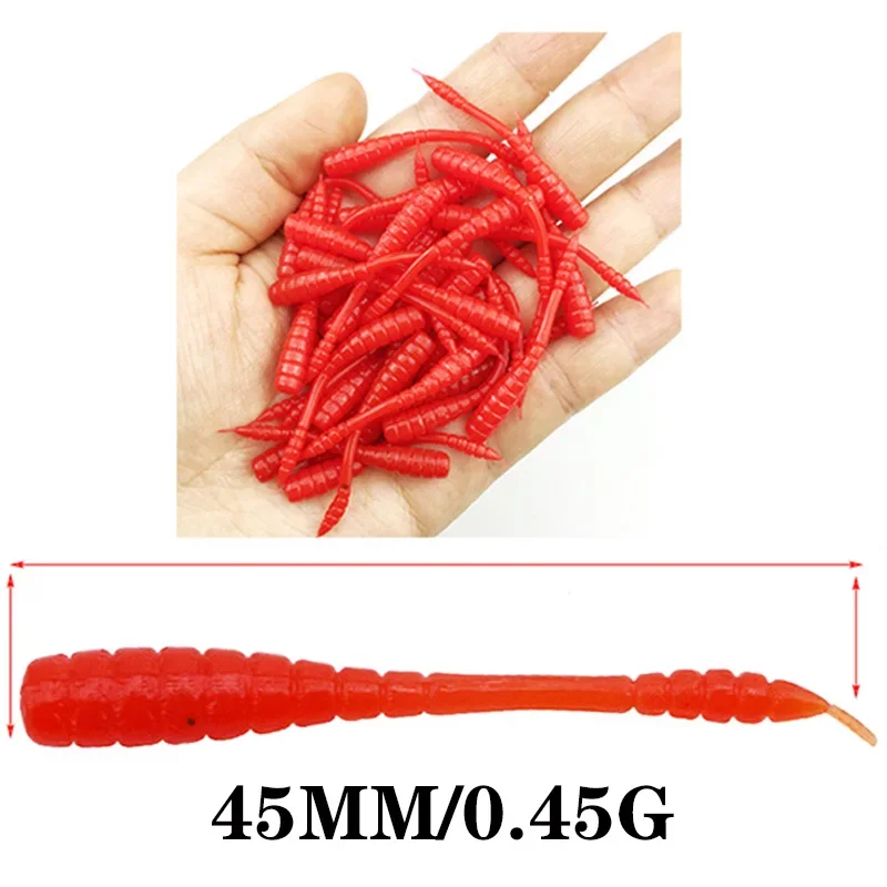 50 pçs verme vermelho isca de pesca macia 4.5cm 0.45g com cheiro de sal 7 cores cheiro de peixe artificial silicone isca pesca equipamento de pesca