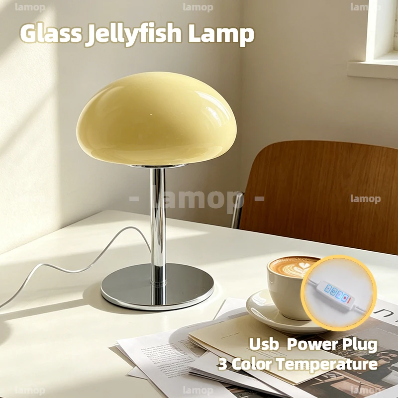 Flat‑Round Jellyfish‑Shape Glass Table Lamp,3‑Gear Dimmable Mild Diffused Light,Forest‑Style Lamp for Entryway Desktop Display
