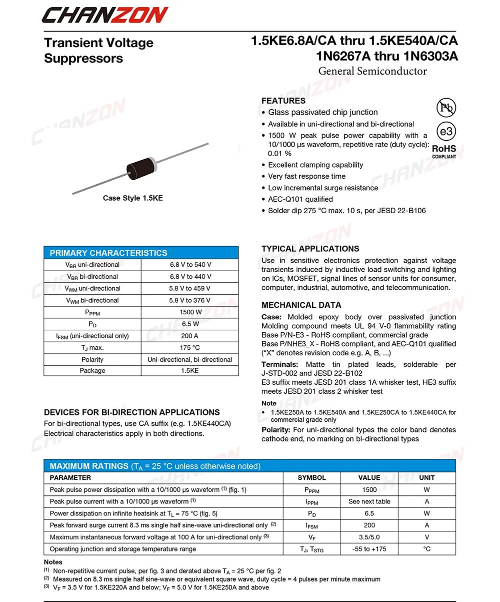 20 Pcs TVS Diodes 1.5KE150CA 1500W 150V DO-201AD DO-27 Bidirectional Channel 1500 Watt 150 Volt