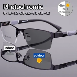 Men's Photochromic Myopia Glasses Vintage Business Half Frame Minus Sight Eyewear Male Outdoor Color Changing Sunglasses 0To-4.0