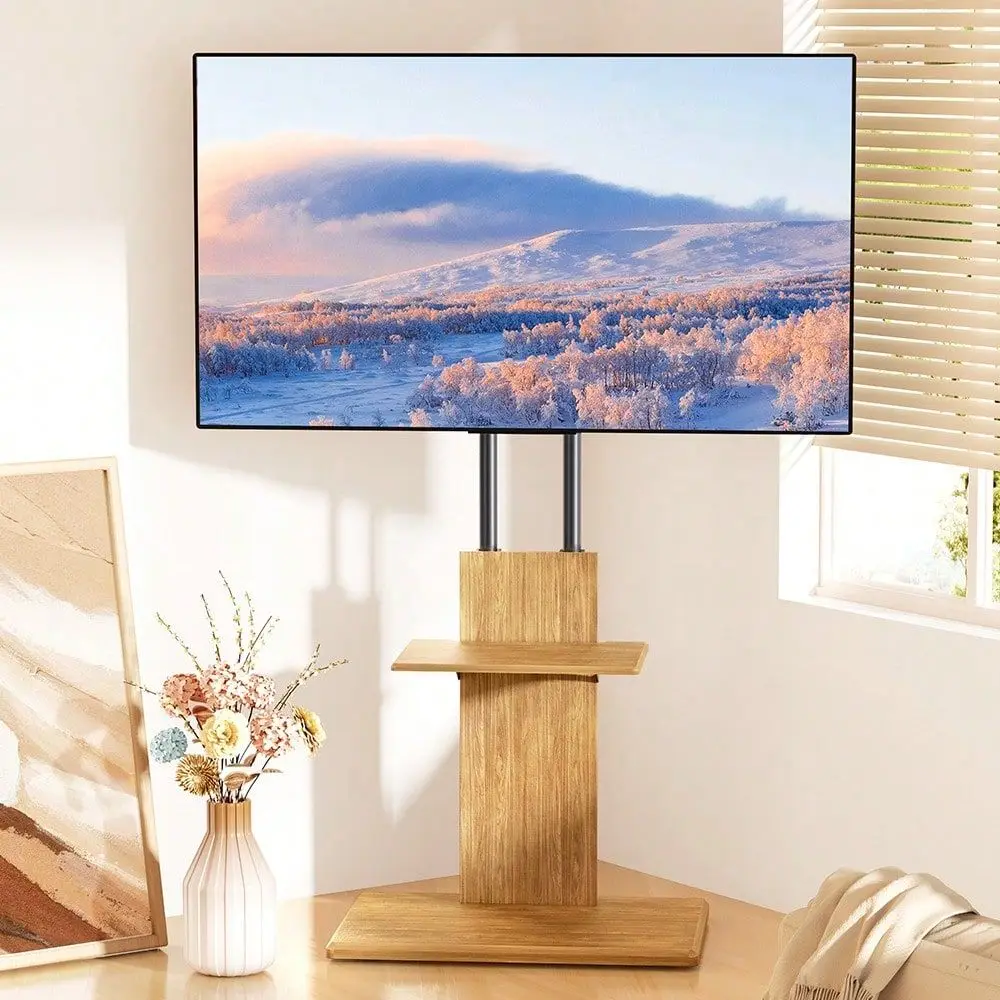 Walnut Corner TV Floor Stand, 2Tier Storage, Height Adjustable Swivel TV Stand For 3270 Inch TVs, 15 Swivel, Solid Wood Base, V