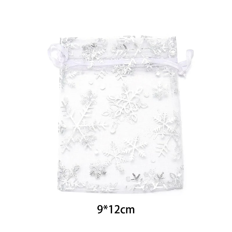 10pcs Snowflakes Print Organza Bags Sheer Gauze Bags Candy Jewelry Gift Packaging Wedding candy Christmas Party Drawstring Bag