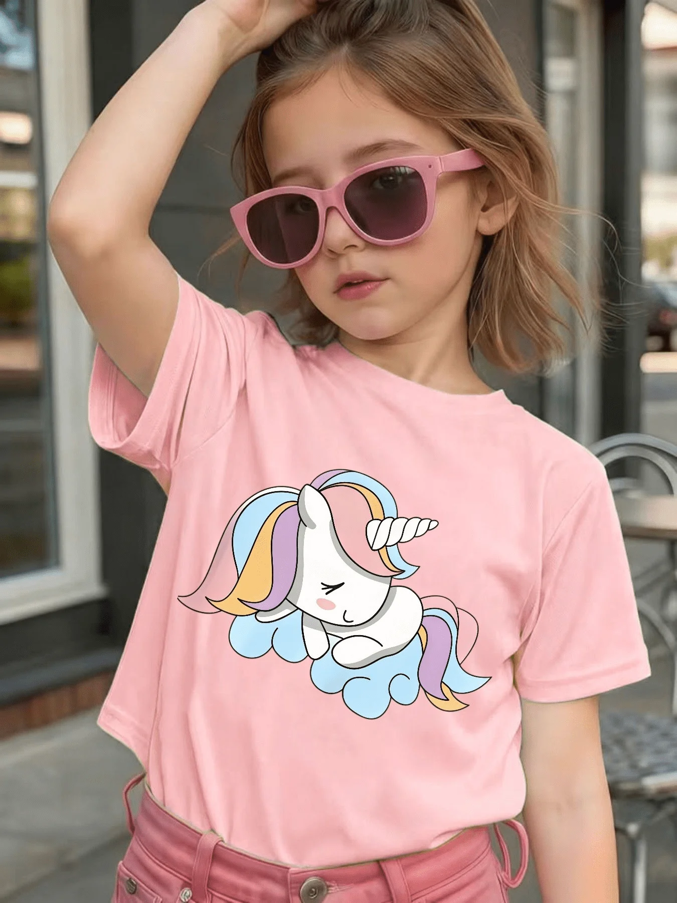 Kids Family Tee Cute Sleeping Unicorn Lying On Cloud Cartoon Print Boys Girls Soft Short Sleeve Sweet Daily Casual Tops