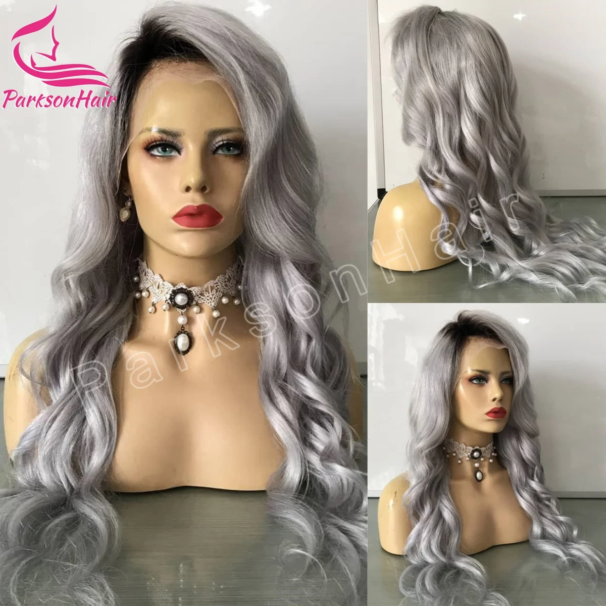 

Dark Roots Grey Human Hair Wigs Raw Vietnamese Silver Body Wave Lace Front Wigs For Women Gray 13x6 Transparent Lace Frontal Wig
