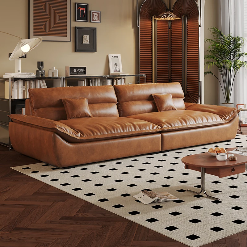 &c Vintage Living Room Modern Leather Sofa Small Apartment Oil Wax Leather Simple Design Corner Feature for Home Furniture