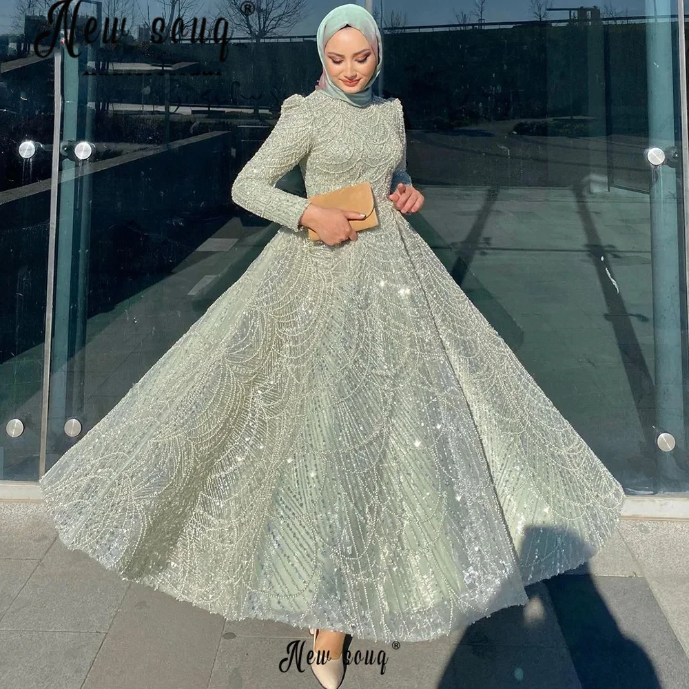 Muslim Tea Length Beaded Sage Green Evening Dresses Sparkly Long Sleeve Wedding Party Gowns Prom Dresses 2024 Luxury Dubai