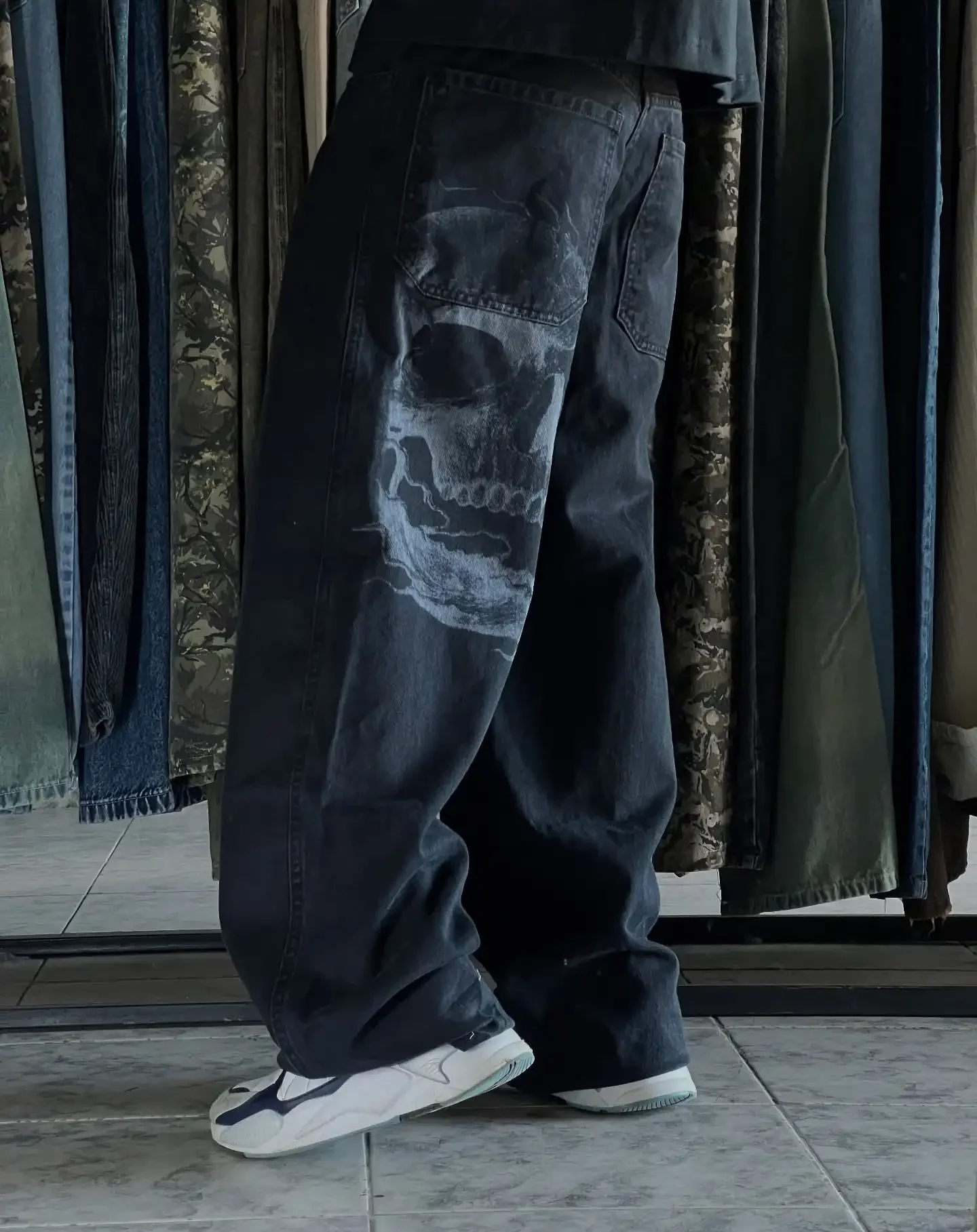 Y2K Harajuku American Street New Skull Printing Jeans Fashion Trendy Retro Pants Men Hip Hop Gothic Punk Loose Wide Leg Pants